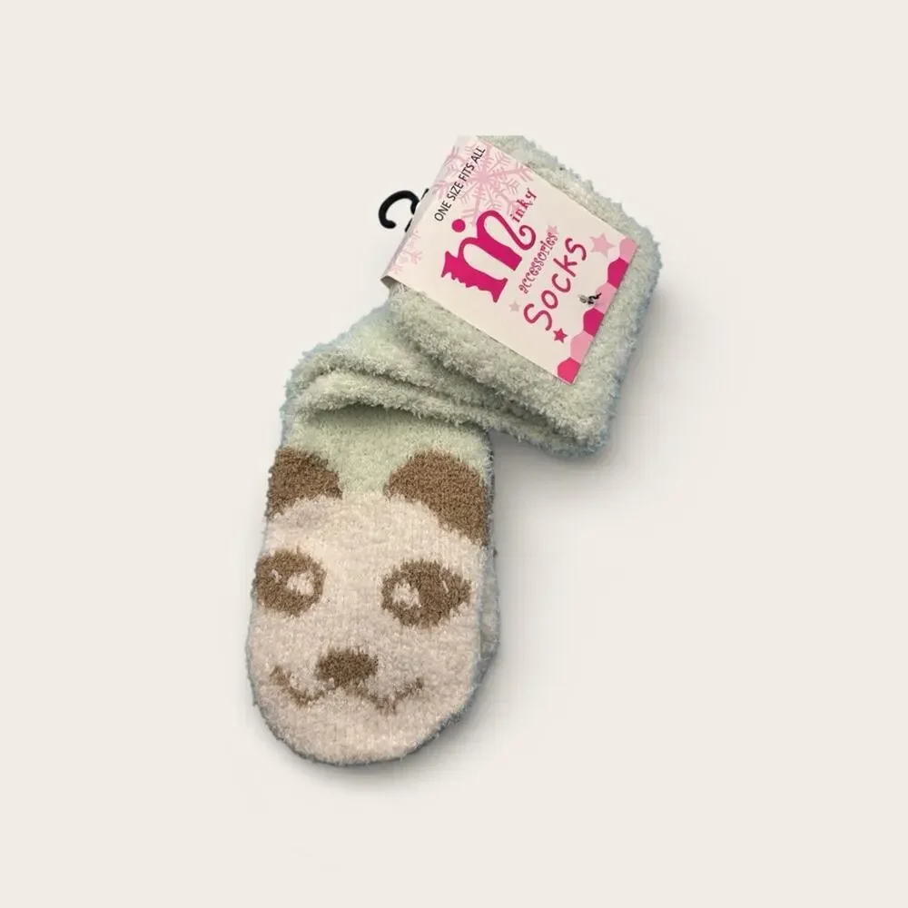 Panda Bear‎ Face Fuzzy Crew Socks White Black Warm Cozy Fluffy